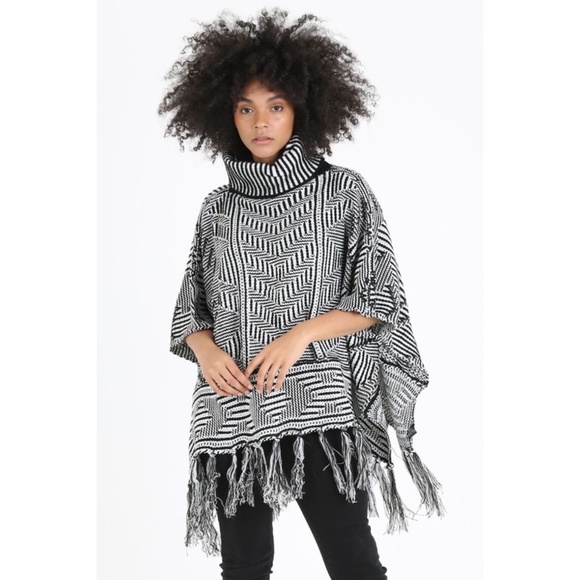 ANGIE Black & White Cowl Neck Poncho with Fringe - Picture 7 of 7